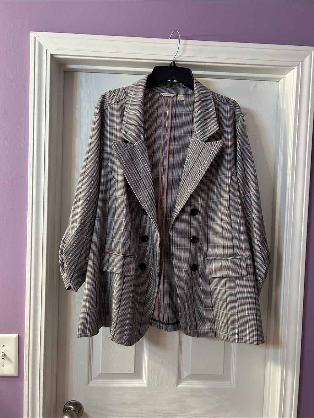 Cato Gray Plaid Double-Breasted Blazer with Pink Accents